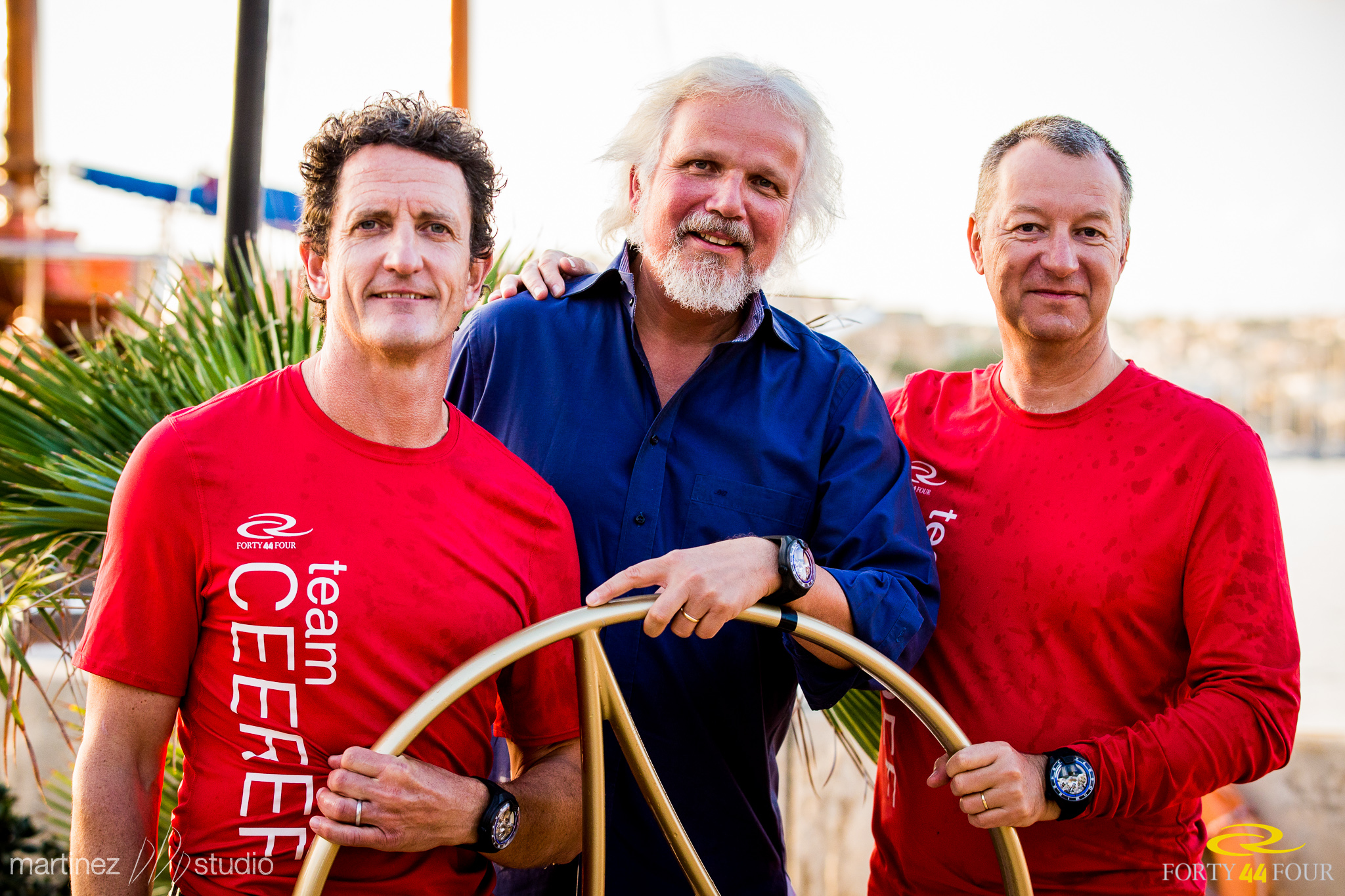 Tactician Adrian Stead, founder of HYT Watches Lucien Vouillamoz and Team CEEREF owner Igor Lah shortly after receiving their H4 RC44 HYT watch