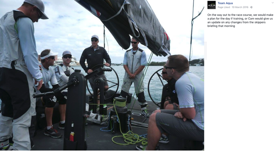 The morning briefing with Team Aqua as they sail out to the race course 